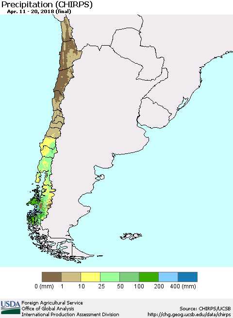 Chile Precipitation (CHIRPS) Thematic Map For 4/11/2018 - 4/20/2018