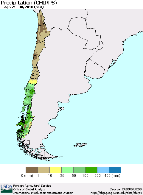 Chile Precipitation (CHIRPS) Thematic Map For 4/21/2018 - 4/30/2018