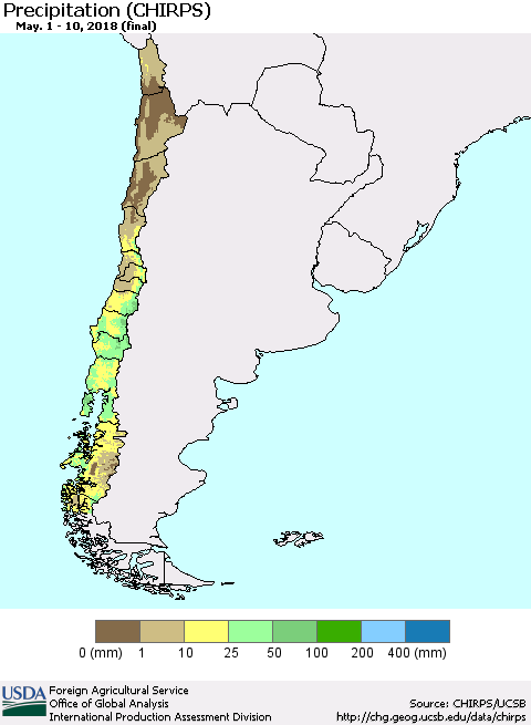 Chile Precipitation (CHIRPS) Thematic Map For 5/1/2018 - 5/10/2018