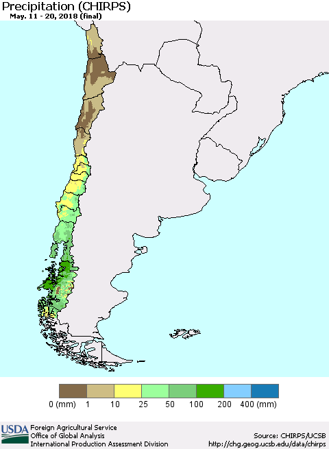 Chile Precipitation (CHIRPS) Thematic Map For 5/11/2018 - 5/20/2018