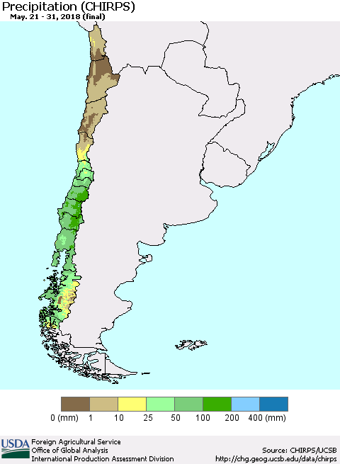 Chile Precipitation (CHIRPS) Thematic Map For 5/21/2018 - 5/31/2018
