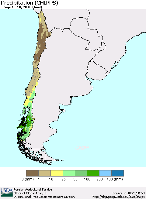 Chile Precipitation (CHIRPS) Thematic Map For 9/1/2018 - 9/10/2018