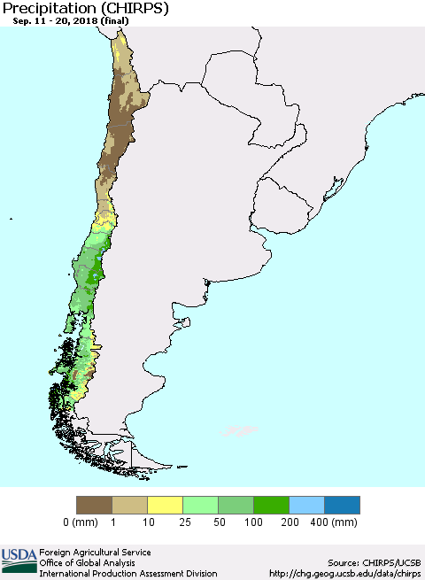 Chile Precipitation (CHIRPS) Thematic Map For 9/11/2018 - 9/20/2018