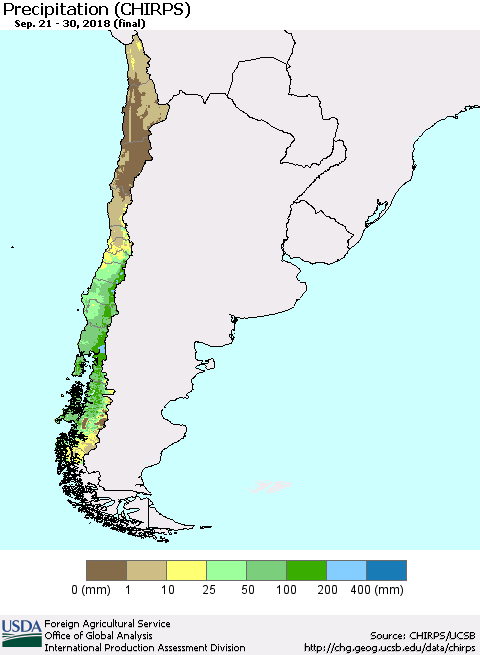 Chile Precipitation (CHIRPS) Thematic Map For 9/21/2018 - 9/30/2018