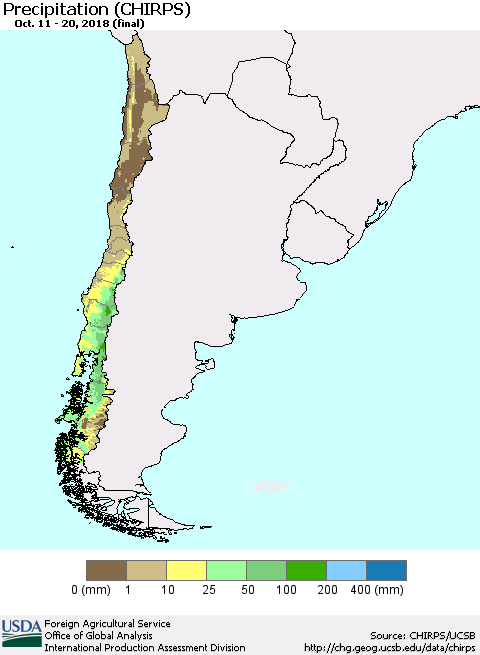 Chile Precipitation (CHIRPS) Thematic Map For 10/11/2018 - 10/20/2018