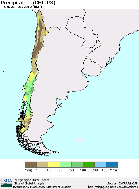 Chile Precipitation (CHIRPS) Thematic Map For 10/21/2018 - 10/31/2018