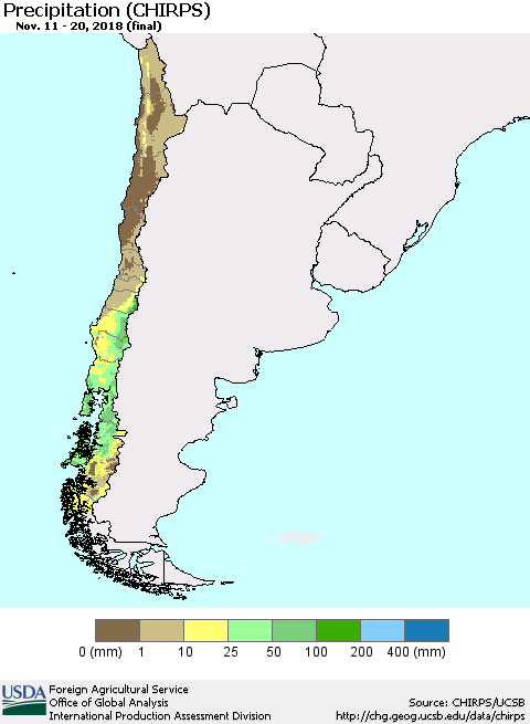 Chile Precipitation (CHIRPS) Thematic Map For 11/11/2018 - 11/20/2018
