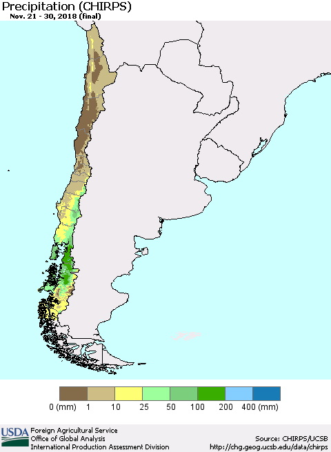Chile Precipitation (CHIRPS) Thematic Map For 11/21/2018 - 11/30/2018