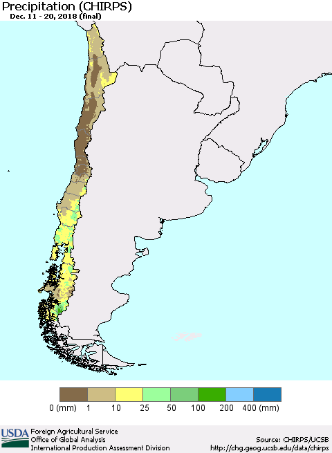 Chile Precipitation (CHIRPS) Thematic Map For 12/11/2018 - 12/20/2018