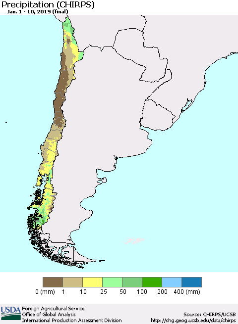 Chile Precipitation (CHIRPS) Thematic Map For 1/1/2019 - 1/10/2019