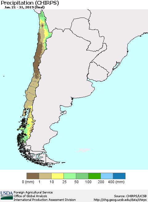 Chile Precipitation (CHIRPS) Thematic Map For 1/21/2019 - 1/31/2019