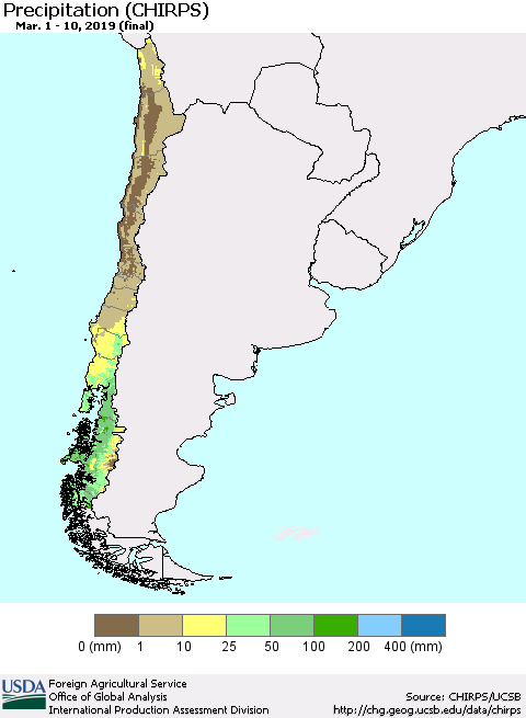 Chile Precipitation (CHIRPS) Thematic Map For 3/1/2019 - 3/10/2019