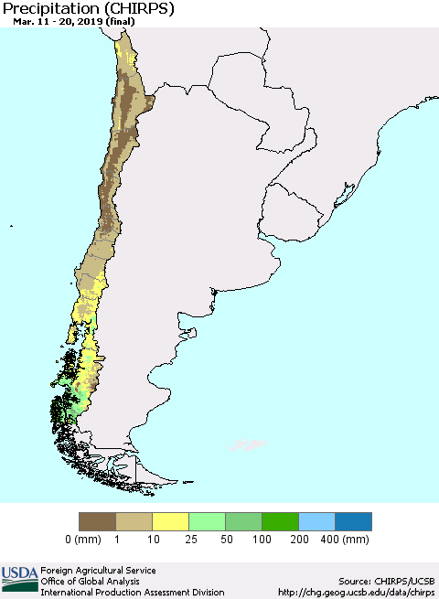 Chile Precipitation (CHIRPS) Thematic Map For 3/11/2019 - 3/20/2019