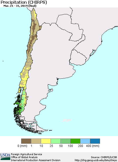 Chile Precipitation (CHIRPS) Thematic Map For 3/21/2019 - 3/31/2019