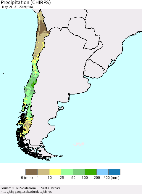 Chile Precipitation (CHIRPS) Thematic Map For 5/21/2019 - 5/31/2019