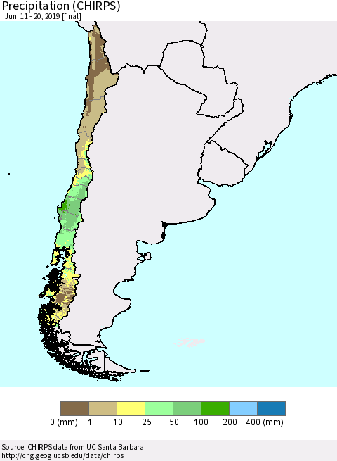 Chile Precipitation (CHIRPS) Thematic Map For 6/11/2019 - 6/20/2019