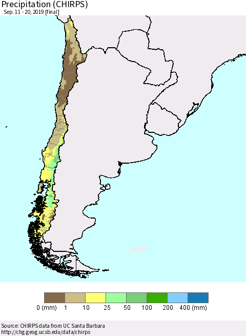 Chile Precipitation (CHIRPS) Thematic Map For 9/11/2019 - 9/20/2019