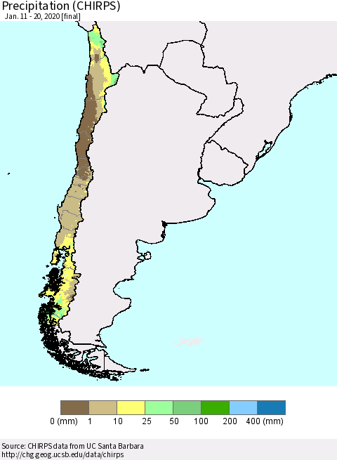 Chile Precipitation (CHIRPS) Thematic Map For 1/11/2020 - 1/20/2020