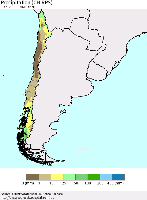 Chile Precipitation (CHIRPS) Thematic Map For 1/21/2020 - 1/31/2020