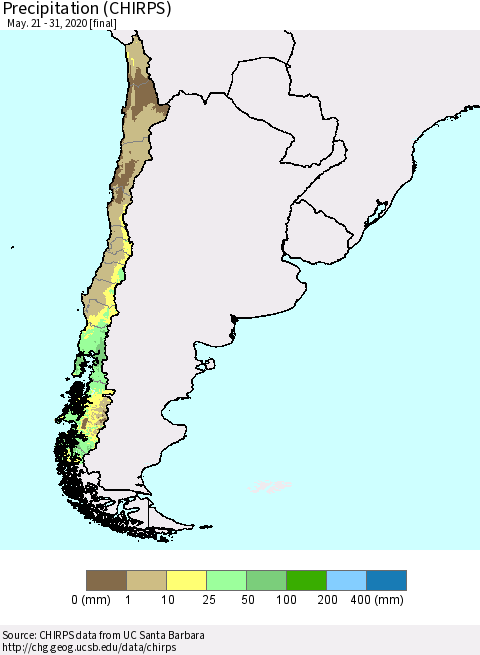 Chile Precipitation (CHIRPS) Thematic Map For 5/21/2020 - 5/31/2020