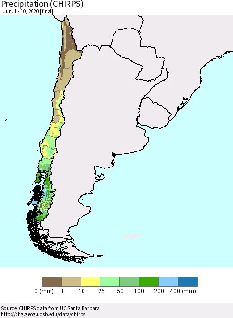 Chile Precipitation (CHIRPS) Thematic Map For 6/1/2020 - 6/10/2020