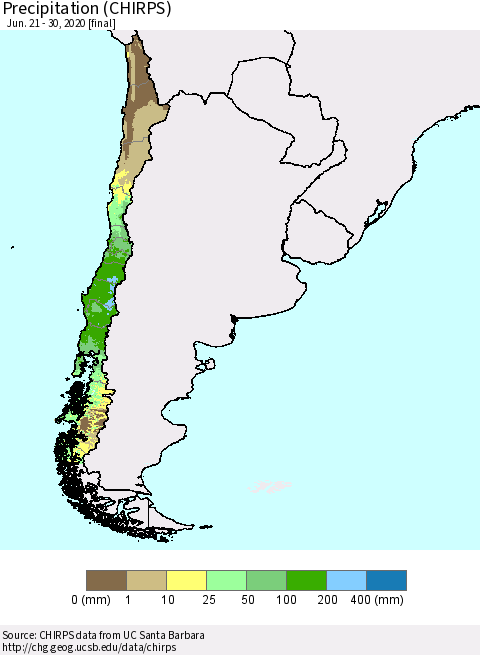 Chile Precipitation (CHIRPS) Thematic Map For 6/21/2020 - 6/30/2020