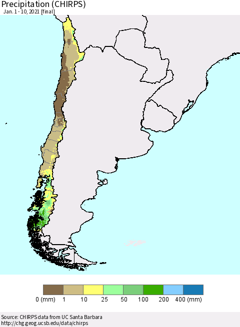Chile Precipitation (CHIRPS) Thematic Map For 1/1/2021 - 1/10/2021