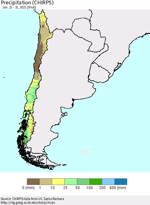 Chile Precipitation (CHIRPS) Thematic Map For 1/21/2021 - 1/31/2021