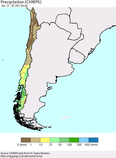 Chile Precipitation (CHIRPS) Thematic Map For 4/21/2021 - 4/30/2021