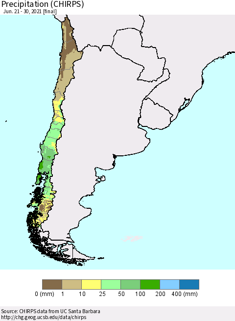 Chile Precipitation (CHIRPS) Thematic Map For 6/21/2021 - 6/30/2021