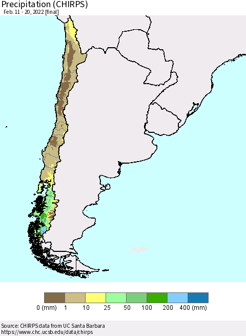 Chile Precipitation (CHIRPS) Thematic Map For 2/11/2022 - 2/20/2022