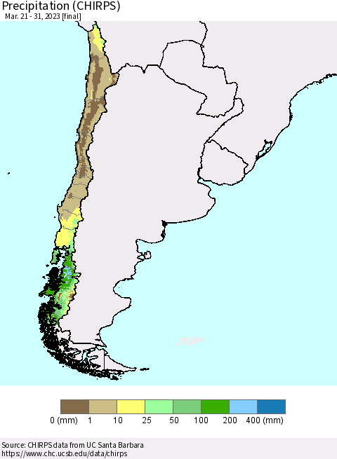 Chile Precipitation (CHIRPS) Thematic Map For 3/21/2023 - 3/31/2023