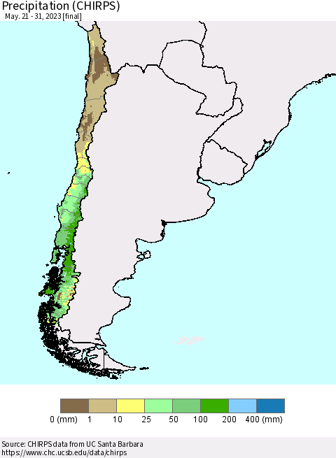Chile Precipitation (CHIRPS) Thematic Map For 5/21/2023 - 5/31/2023