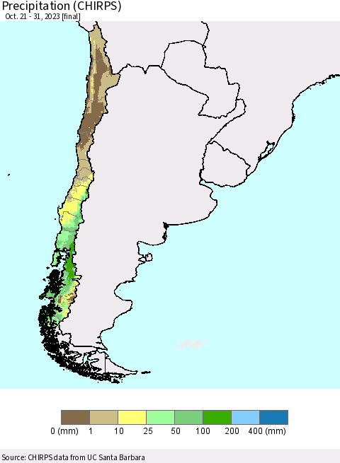 Chile Precipitation (CHIRPS) Thematic Map For 10/21/2023 - 10/31/2023