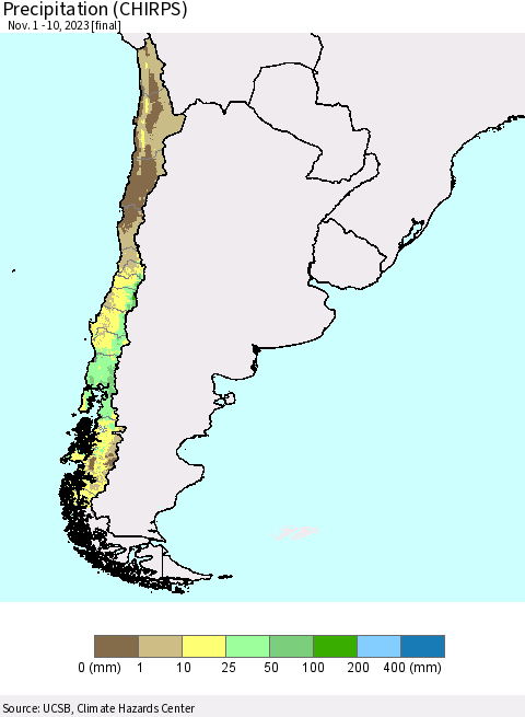 Chile Precipitation (CHIRPS) Thematic Map For 11/1/2023 - 11/10/2023