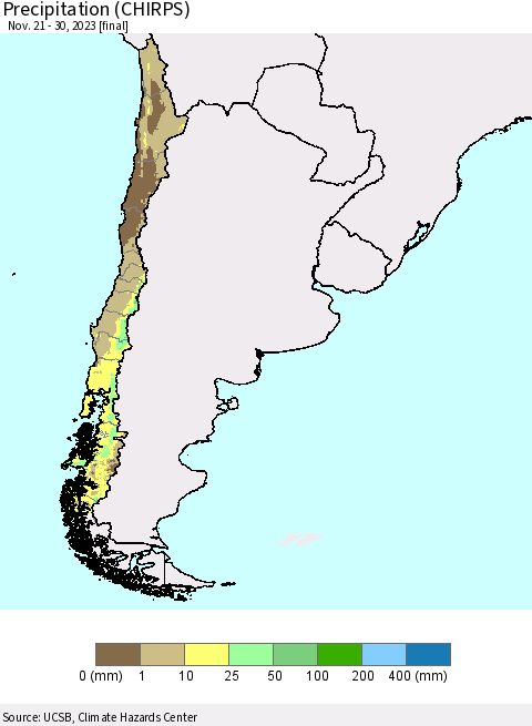 Chile Precipitation (CHIRPS) Thematic Map For 11/21/2023 - 11/30/2023