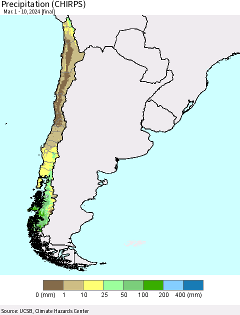 Chile Precipitation (CHIRPS) Thematic Map For 3/1/2024 - 3/10/2024