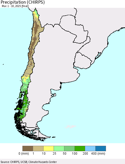 Chile Precipitation (CHIRPS) Thematic Map For 3/1/2025 - 3/10/2025