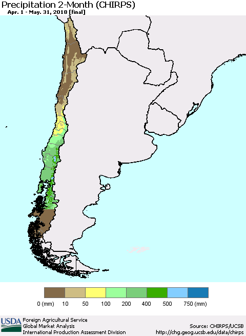 Chile Precipitation 2-Month (CHIRPS) Thematic Map For 4/1/2018 - 5/31/2018