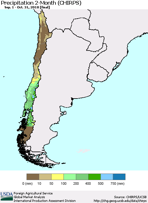 Chile Precipitation 2-Month (CHIRPS) Thematic Map For 9/1/2018 - 10/31/2018