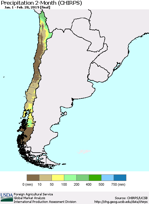Chile Precipitation 2-Month (CHIRPS) Thematic Map For 1/1/2019 - 2/28/2019