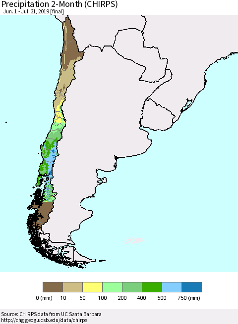 Chile Precipitation 2-Month (CHIRPS) Thematic Map For 6/1/2019 - 7/31/2019