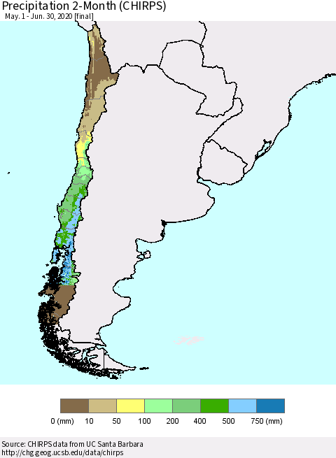 Chile Precipitation 2-Month (CHIRPS) Thematic Map For 5/1/2020 - 6/30/2020