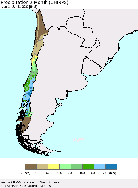 Chile Precipitation 2-Month (CHIRPS) Thematic Map For 6/1/2020 - 7/31/2020