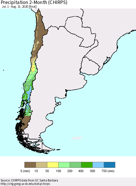 Chile Precipitation 2-Month (CHIRPS) Thematic Map For 7/1/2020 - 8/31/2020