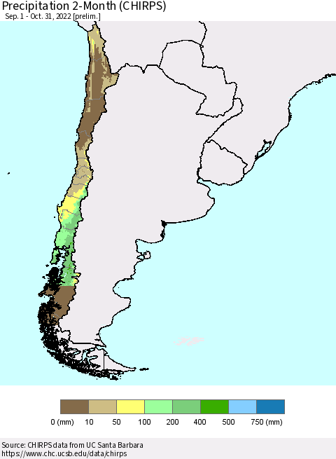 Chile Precipitation 2-Month (CHIRPS) Thematic Map For 9/1/2022 - 10/31/2022