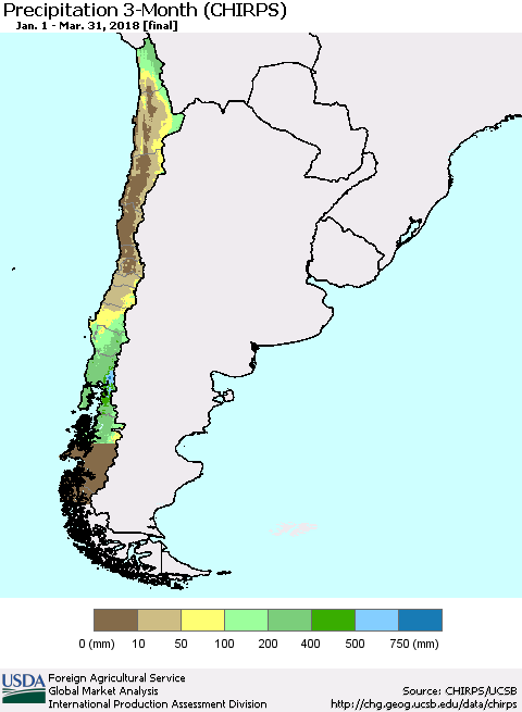 Chile Precipitation 3-Month (CHIRPS) Thematic Map For 1/1/2018 - 3/31/2018