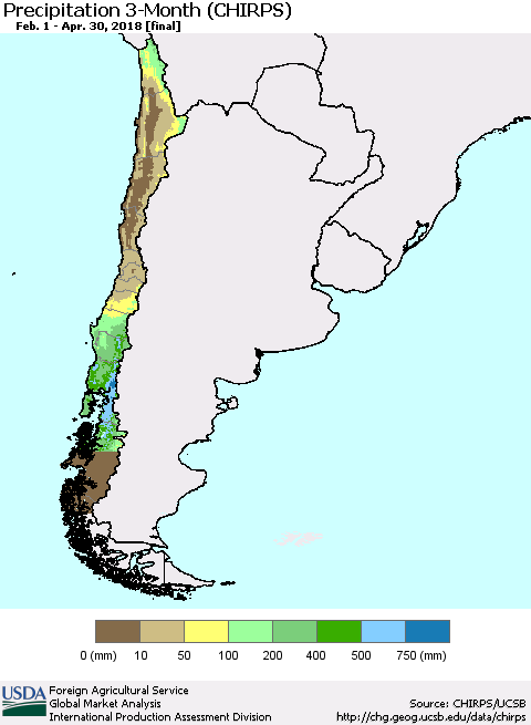 Chile Precipitation 3-Month (CHIRPS) Thematic Map For 2/1/2018 - 4/30/2018