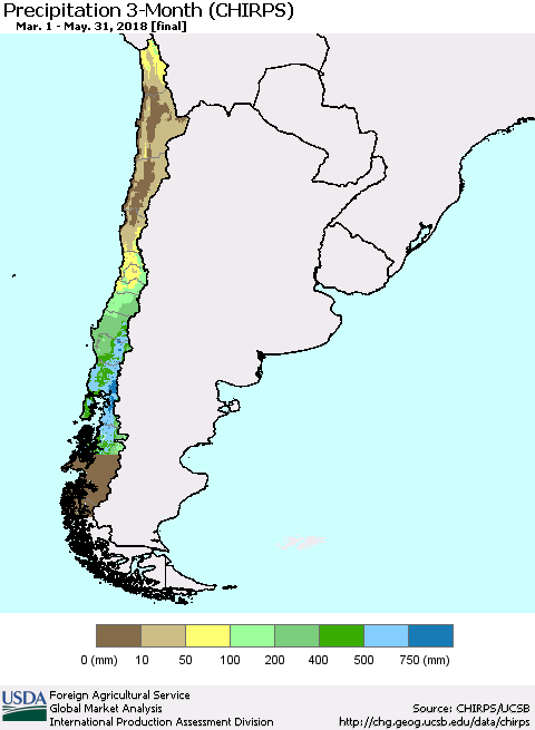 Chile Precipitation 3-Month (CHIRPS) Thematic Map For 3/1/2018 - 5/31/2018