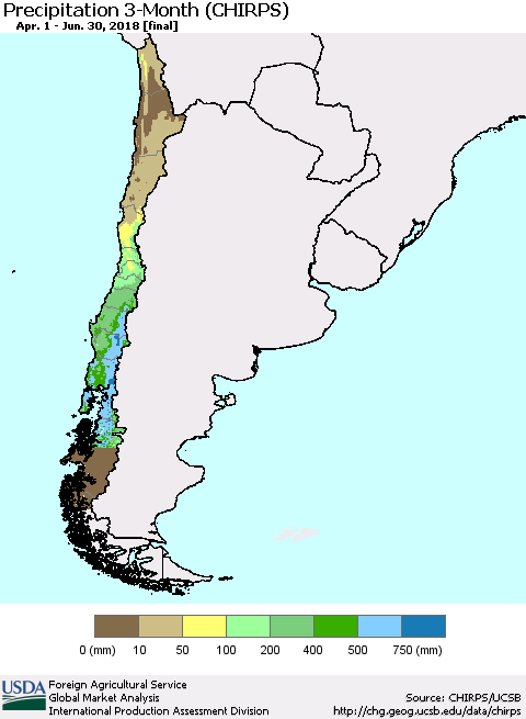 Chile Precipitation 3-Month (CHIRPS) Thematic Map For 4/1/2018 - 6/30/2018